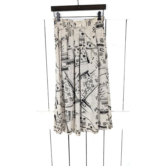 Vintage 80s tan black abstract pleated pocket midi skirt - Picture 4 of 5